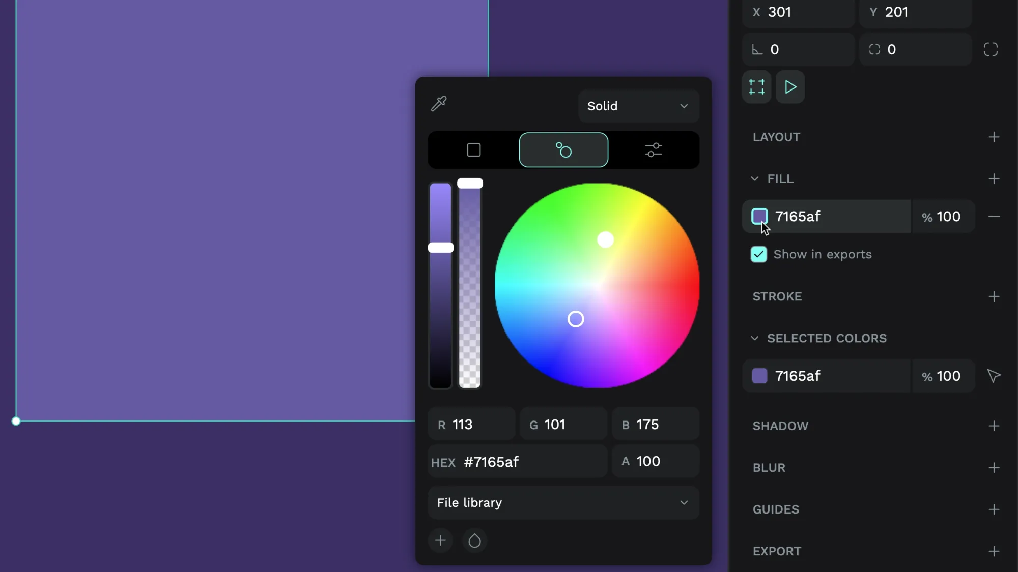 Harmony color picker showing a spectrum with pickers for the current purple color and the opposite green yellow color.