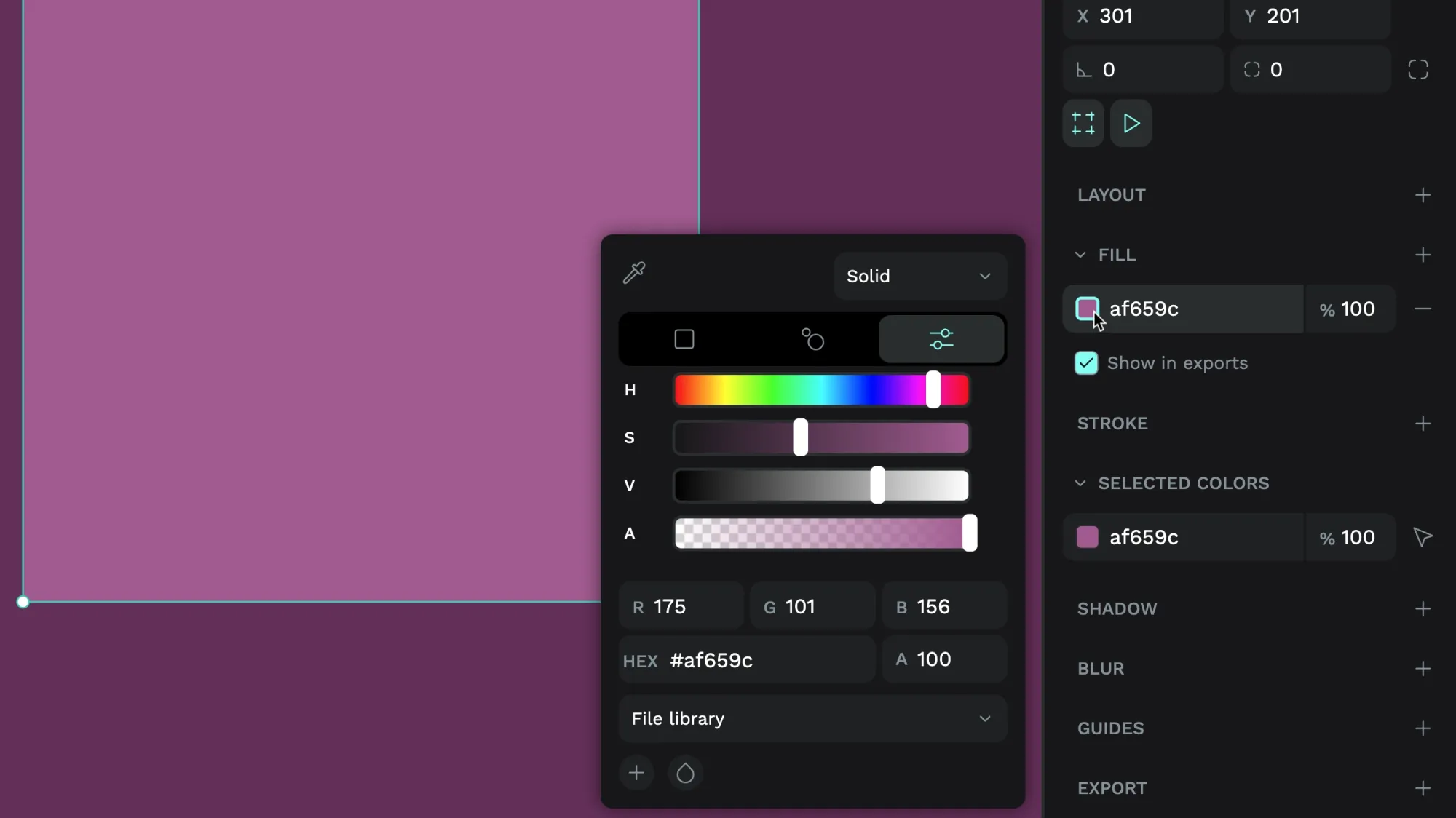 HSV color picker showing sliders for hue, saturation, value/brightness and transparency.