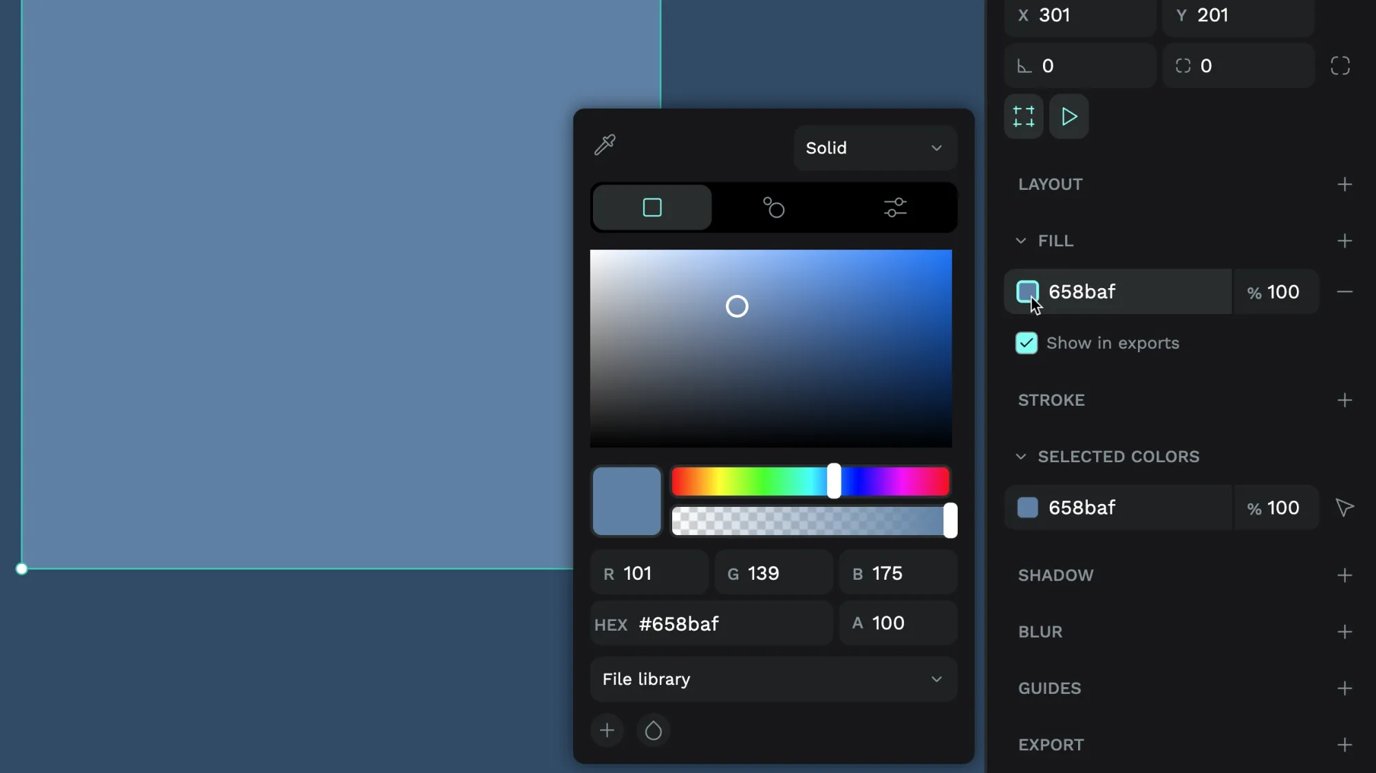 The default color picker showing a spectrum with shades of dusty blue and sliders for hue and transparency.