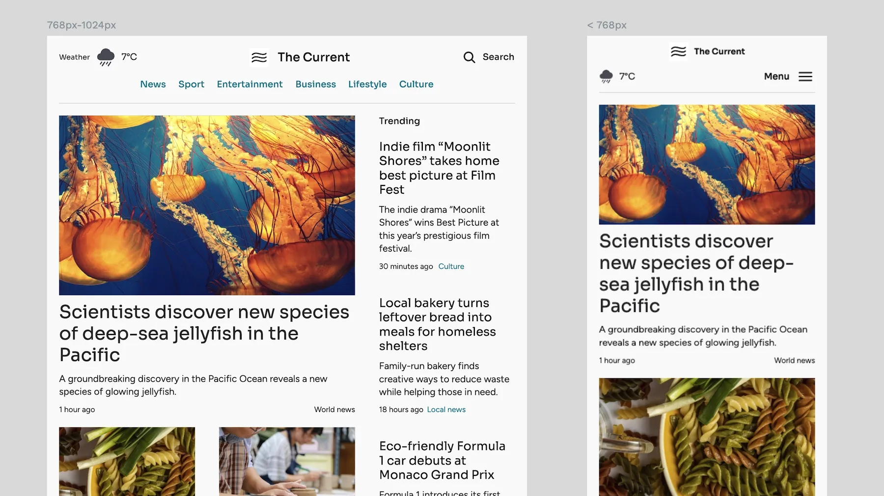 A news site layout with multiple columns in a tablet design and one column in a mobile design.