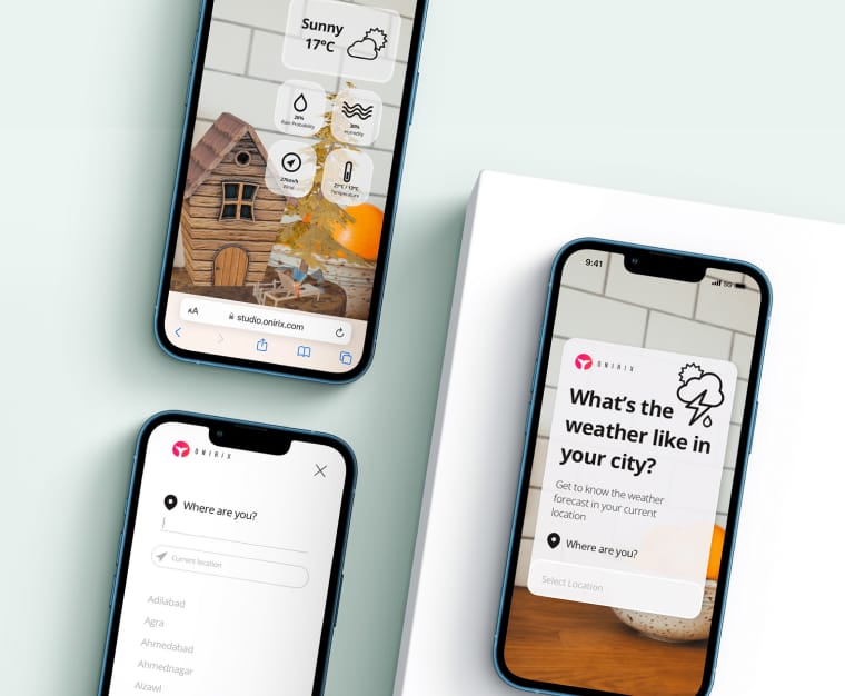 A portfolio image of a weather app with three different screens in mobile. 