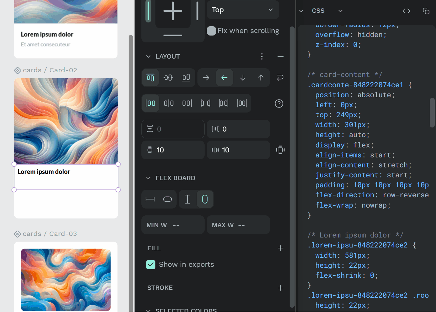 Representation of a real workflow of design and code in Penpot's workspace with design card and CSS output. 