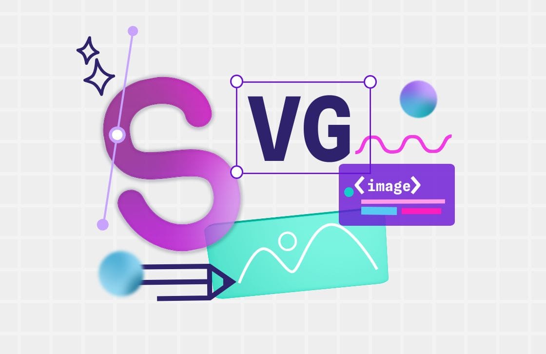 Illustration of SVG and code symbols representing that Penpot supports open standard formats such as SVG - useful for image exports compatible with any other design tool. 