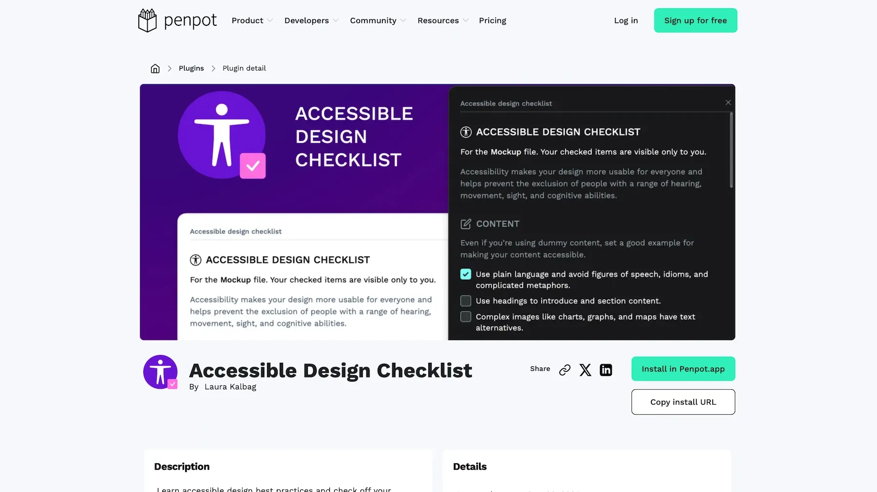 The Accessible Design Checklist plugin in the Penpot Hub, including an Install in Penpot.app button.