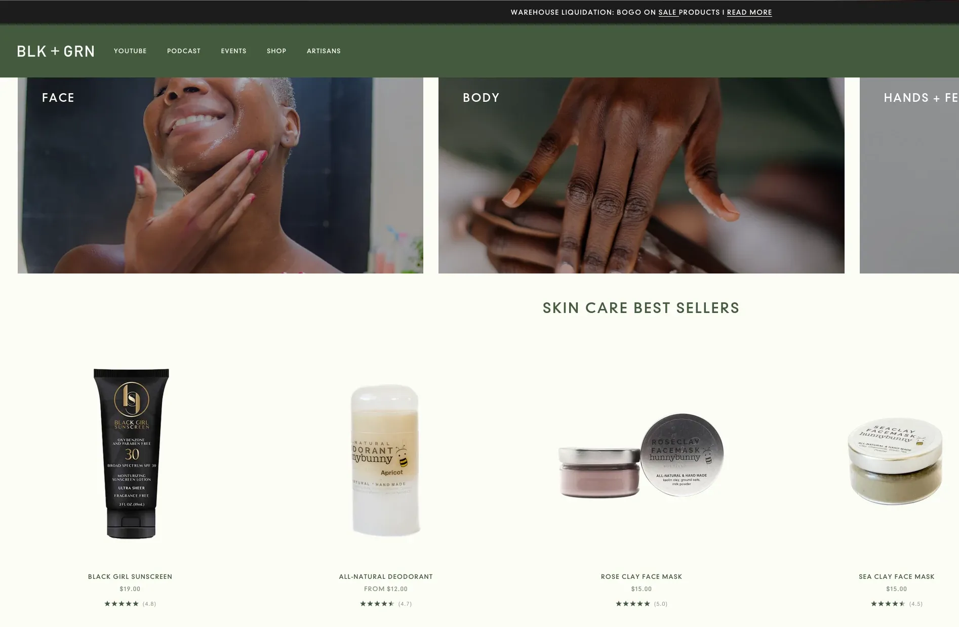 Webpage of BLK+GRN shopping site featuring a few best-selling products and main categories such as Face, Body and Hands+Feet. 