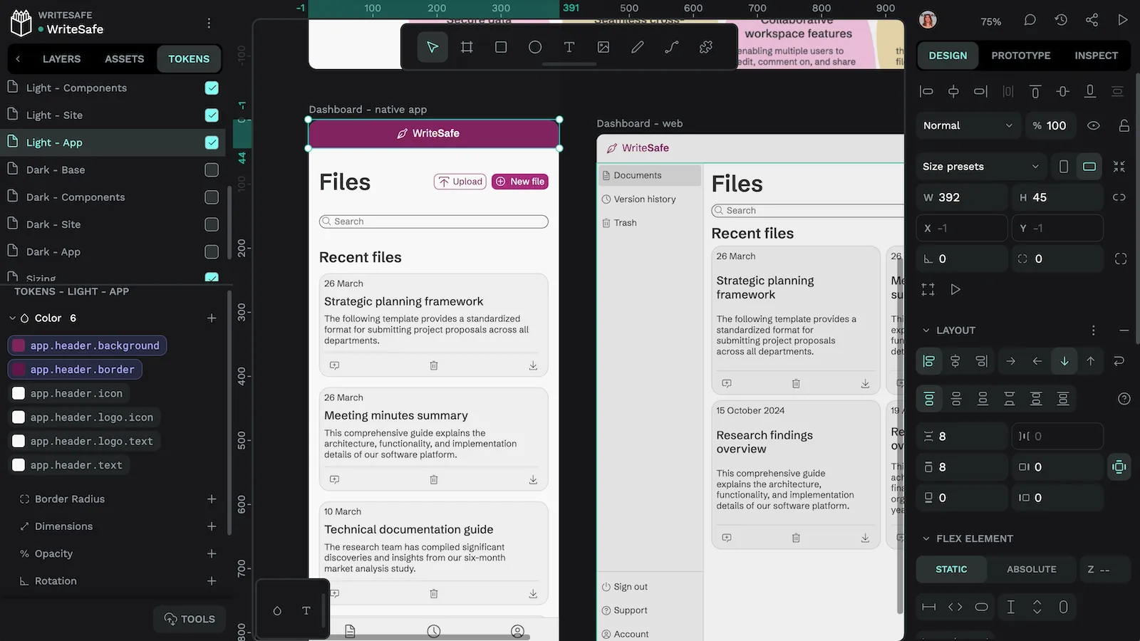 The app header is selected on the canvas, and the tokens for its background and border are highlighted in the tokens panel.