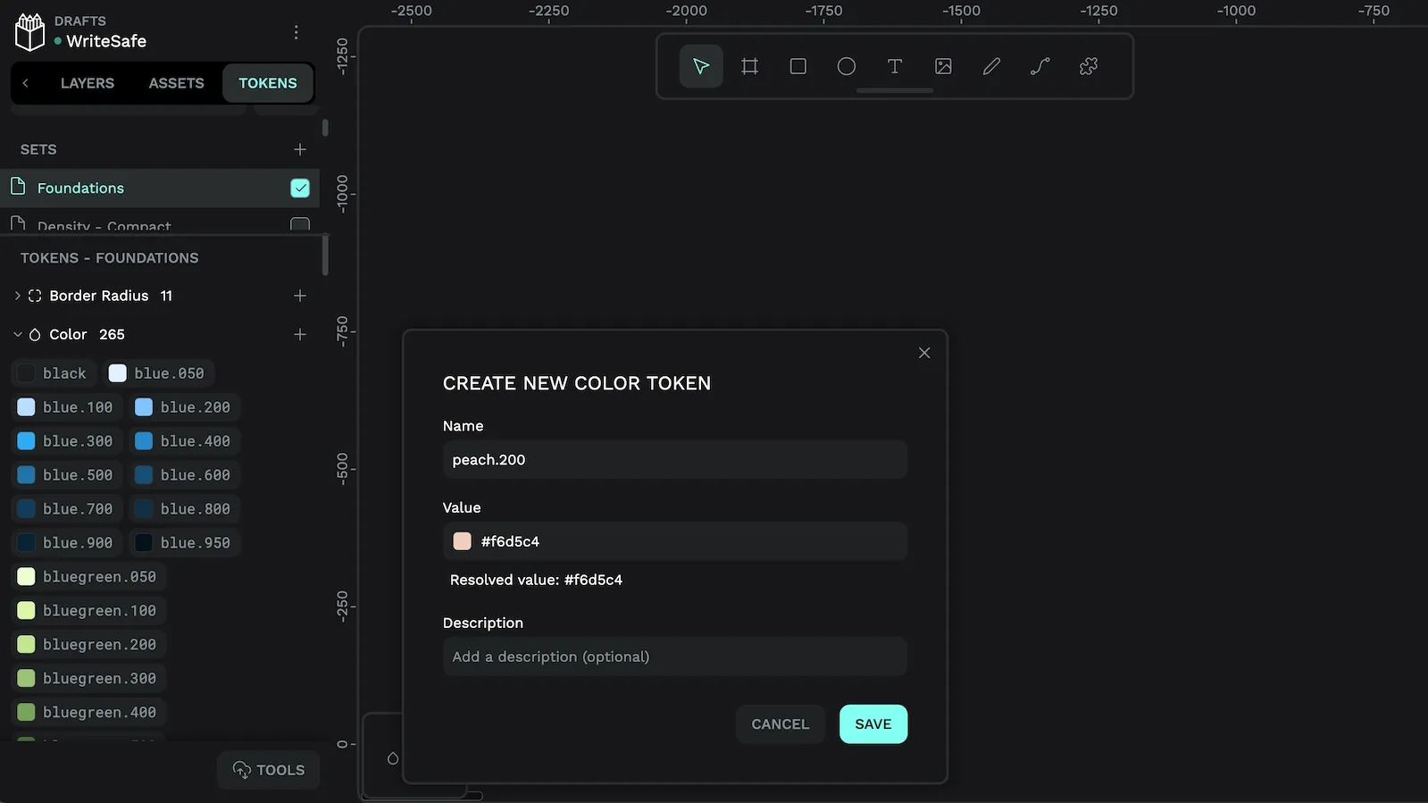 The Penpot Create token modal has inputs for name, value, and description.