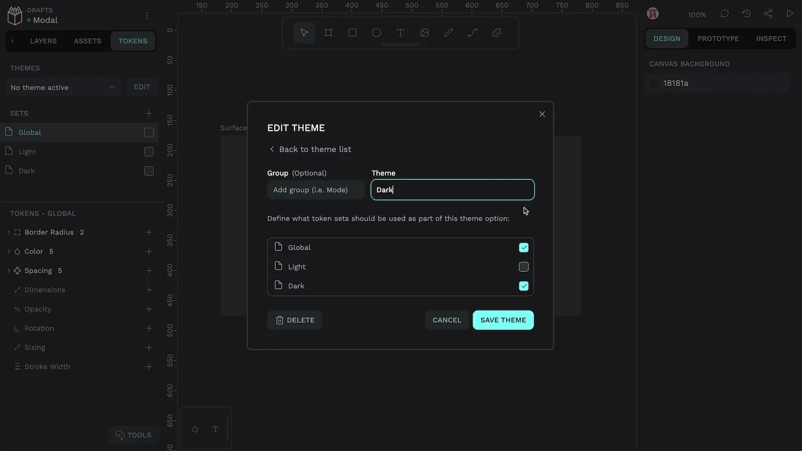 Creating a dark theme with the global and dark tokens sets selected, but the light set deselected.