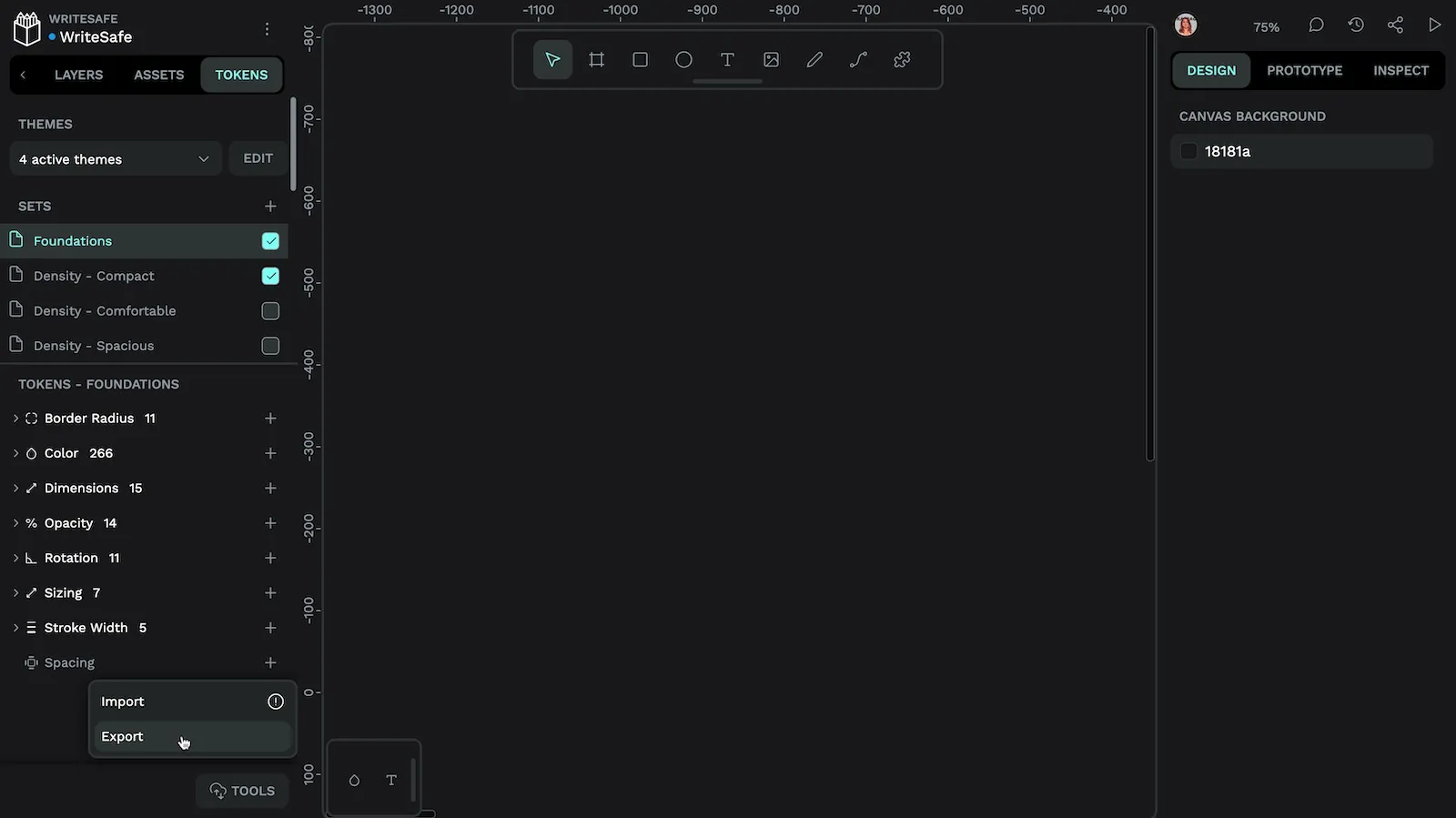 You can import and export design tokens from the Tools menu in the Tokens tab.