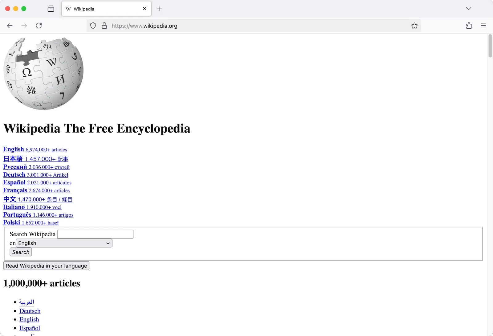With CSS disabled, the Wikipedia homepage has default black text with blue links, all arranged in a list-like layout.