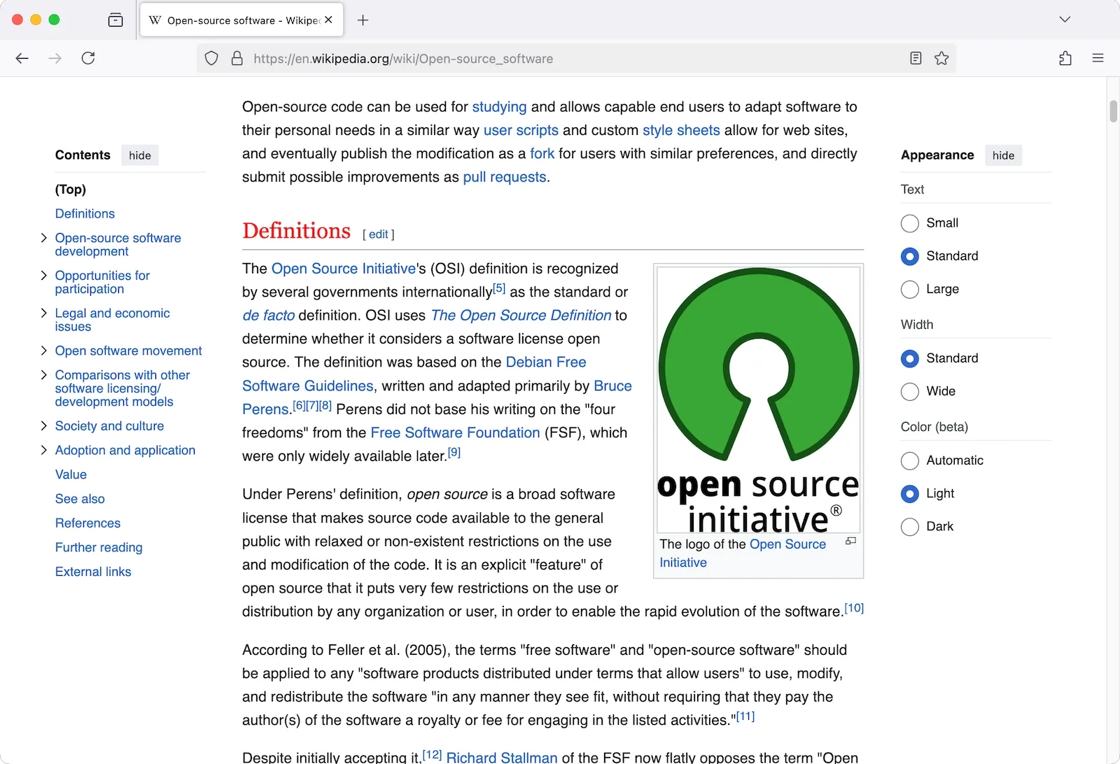 A heading colored red on the Wikipedia page for open source.