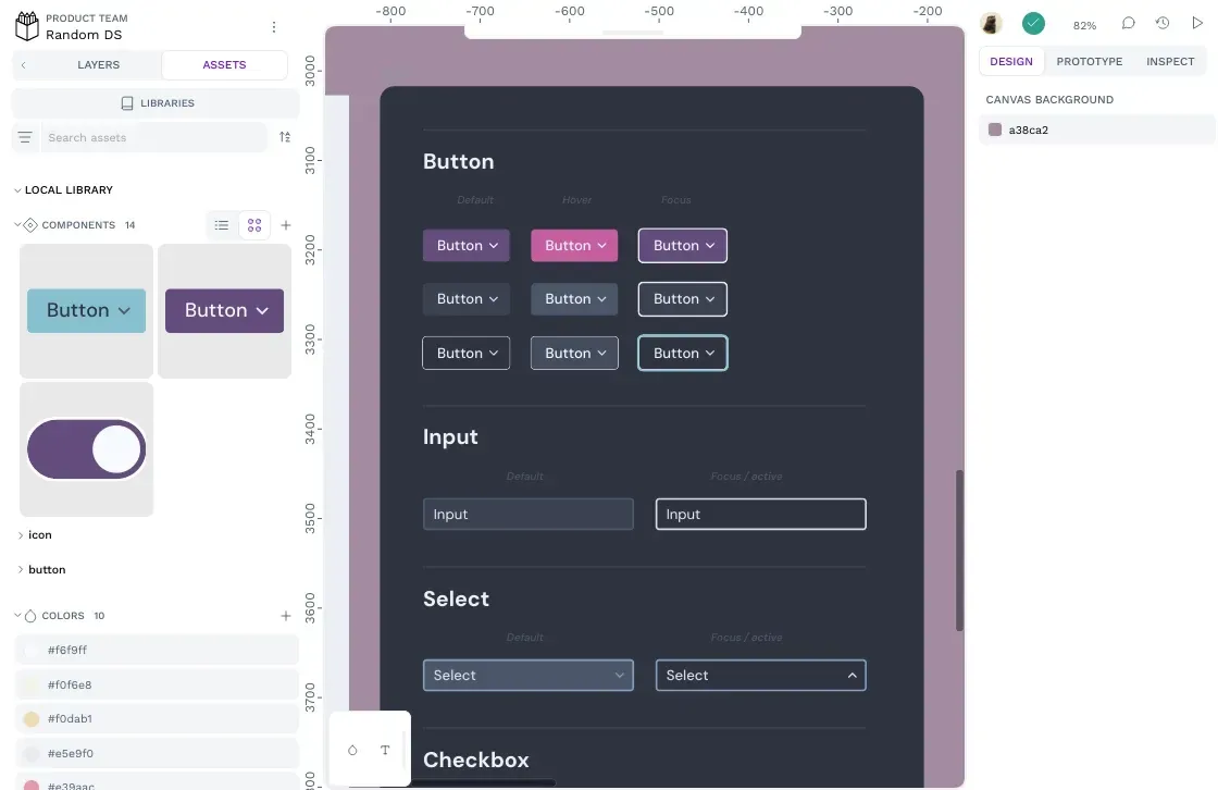 An example of a Design Systems made in Penpot showing components of buttons, toggles and drop down lists in different colors and statuses.