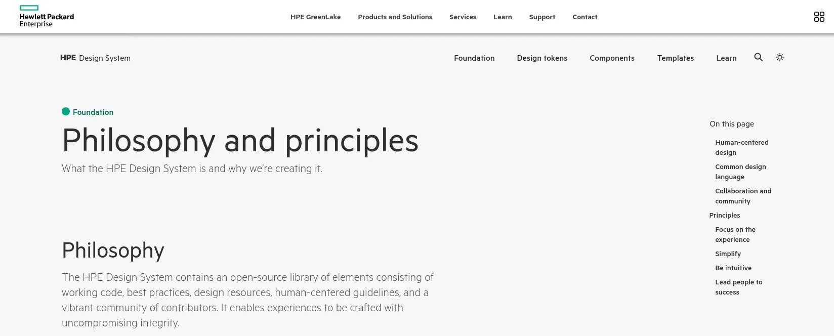 The Philosophy and principles sections that introduces the HPE design system.