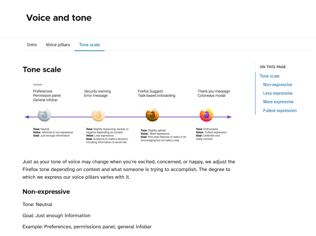 Acorn’s logo tone scale offers detailed instructions on how to create content for Firefox according to the color tones.