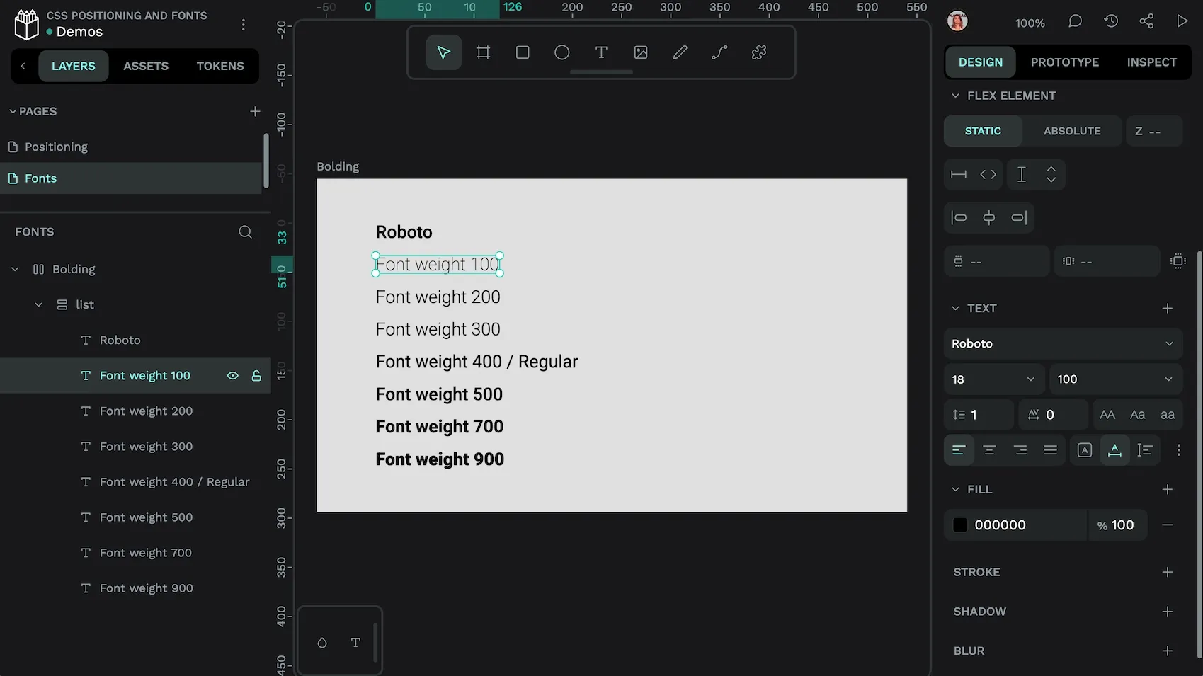 Different font weights for the Roboto font in Penpot. You can choose the 100 weight from the font weight menu.