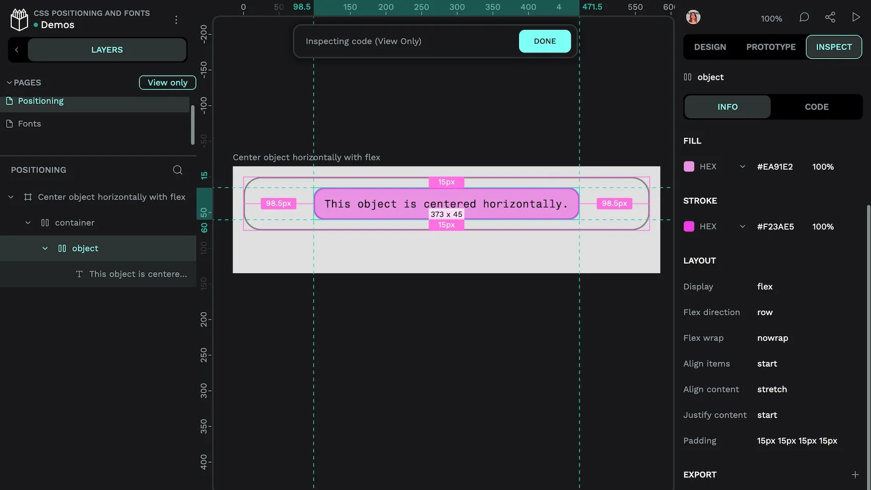 An object centered horizontally in Penpot using flex layout. The inspect tab shows the flex properties.