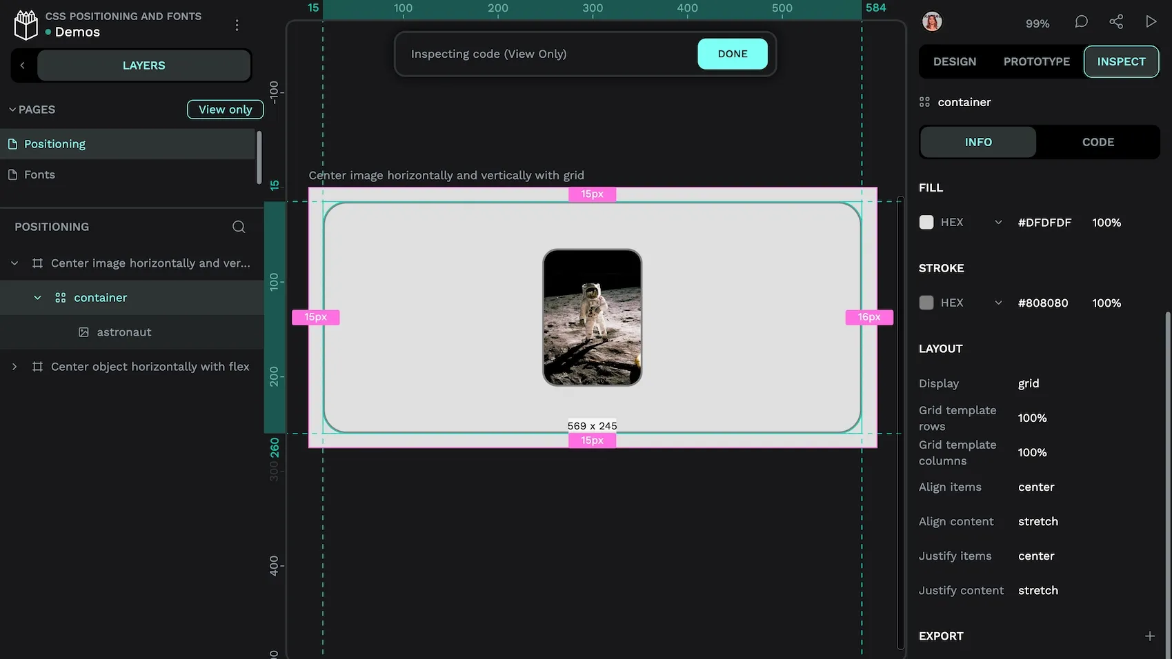 A grid container with an image in Penpot. The container is selected with the Inspect tool showing the grid CSS properties in the Inspect tab.