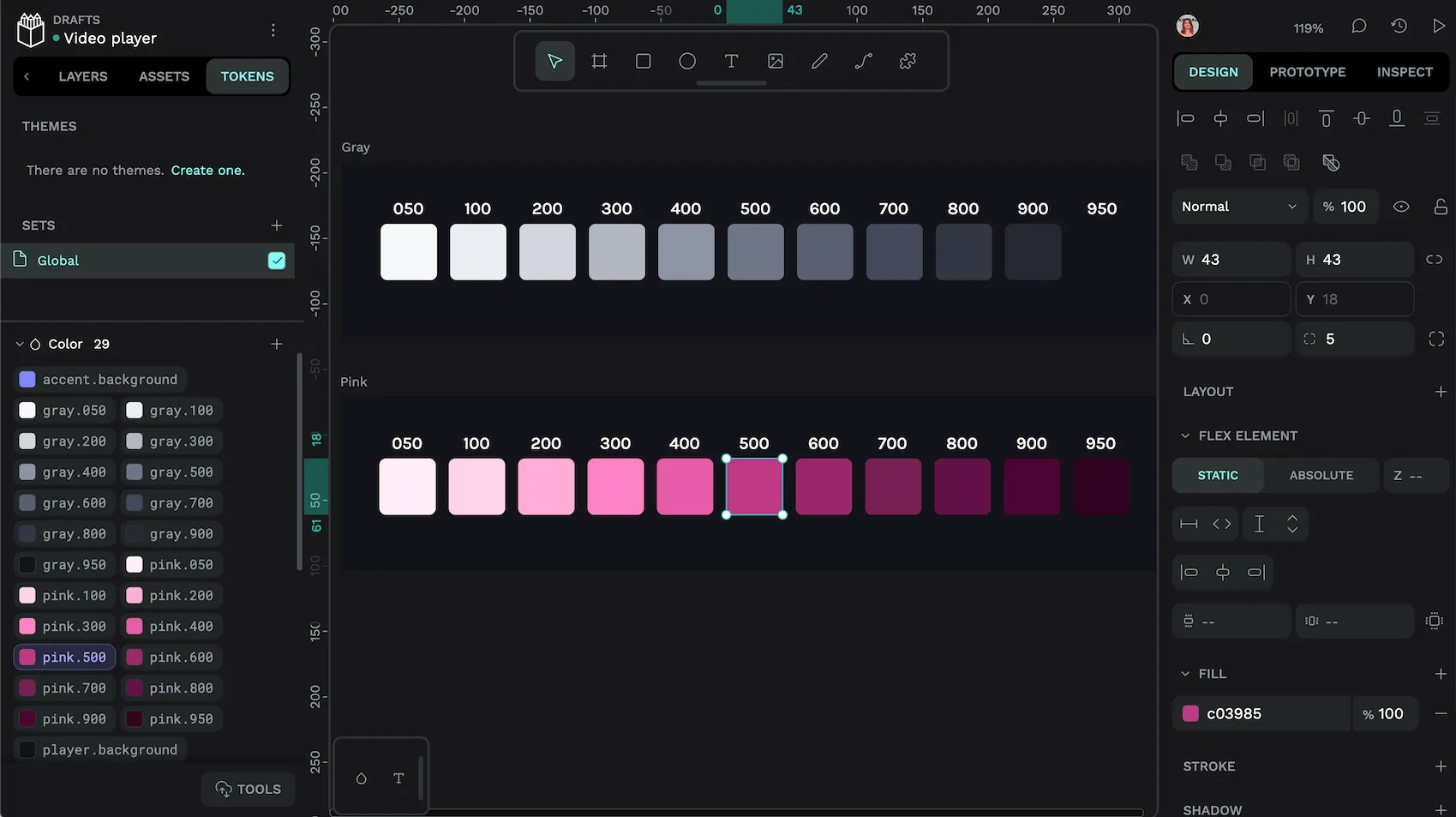 Pink and gray palettes each with eleven swatches going from 050 to 950, where 050 is the lightest color and 950 is the darkest.
