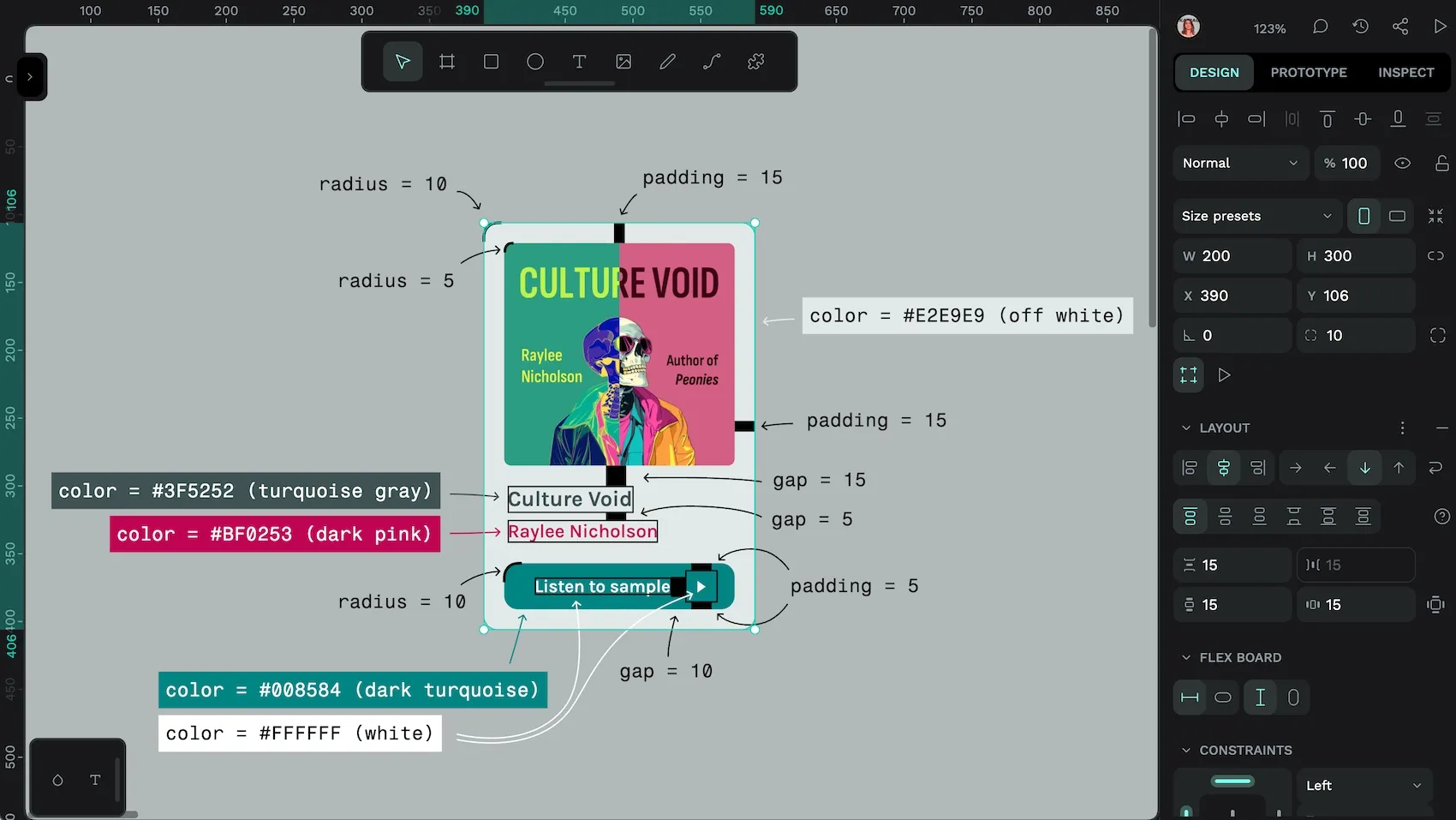 An audiobook card design where there are repeating values for the spacing and colors.