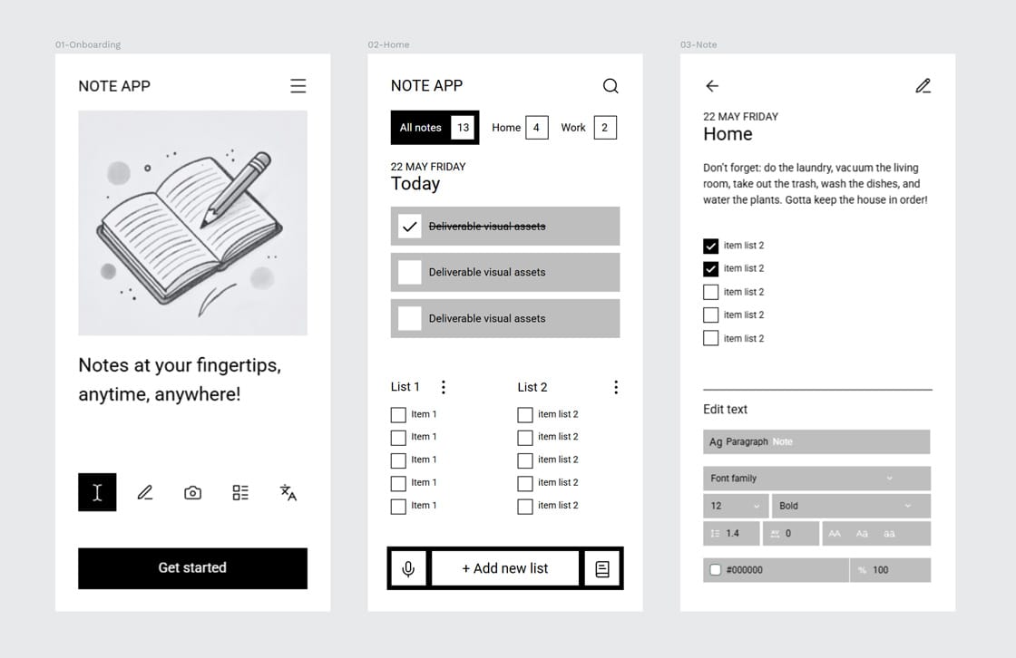 Wireframes for a "Note App" showing onboarding, home screen with notes and lists, and a detailed note editing view.