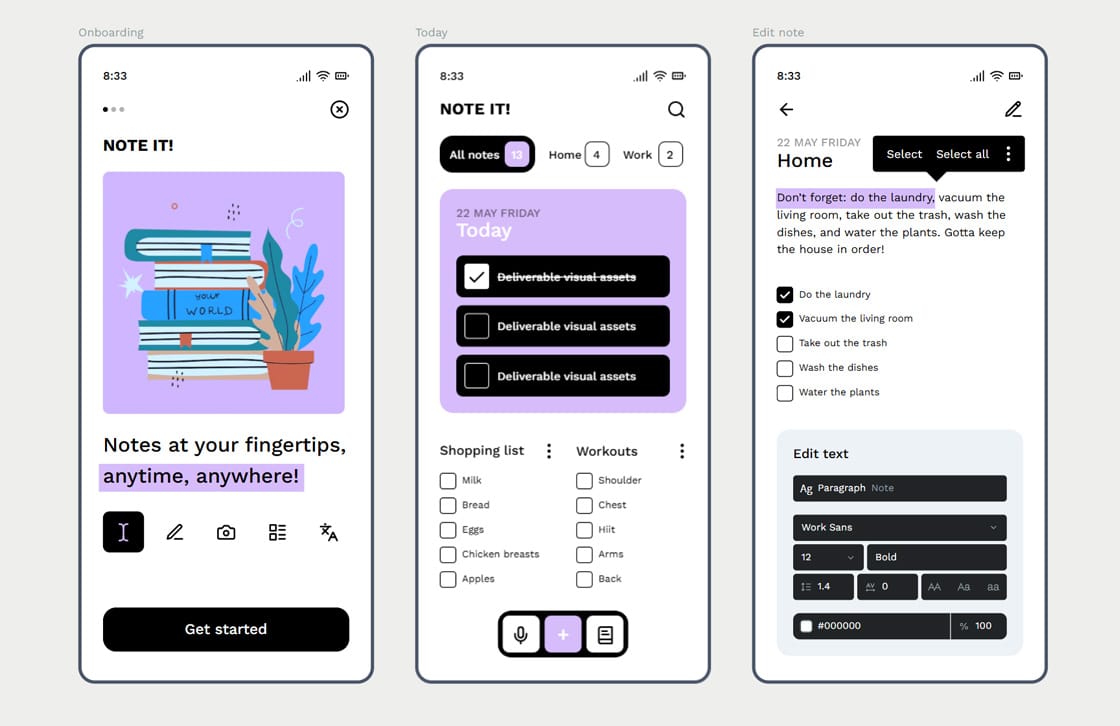Three colorful UI designs for a "Note It!" mobile application, showcasing the onboarding process, the home screen with daily tasks and lists, and an editable note view with text formatting options.