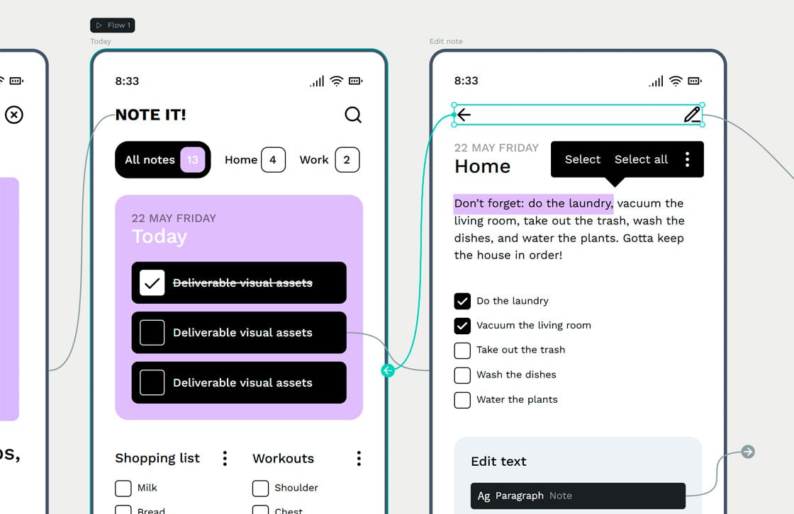 Prototyping in Penpot, illustrating the flow from the main "Today" screen, featuring notes and lists, to an "Edit note" screen, indicated by interactive elements and connecting lines.