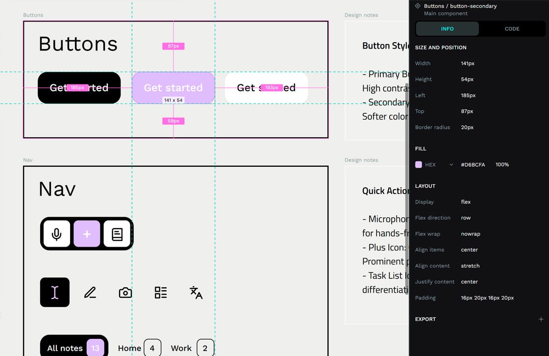 Design inspection view of UI components in Penpot, specifically showcasing "Buttons" with their dimensions, spacing, and design properties (like color, border-radius, and layout) detailed in a side panel.