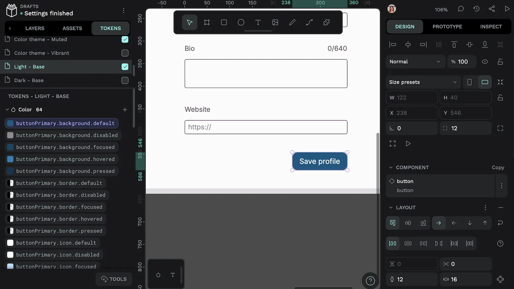 A mockup using design tokens in Penpot. A button is selected and the design token applied to it is highlighted in the sidebar.