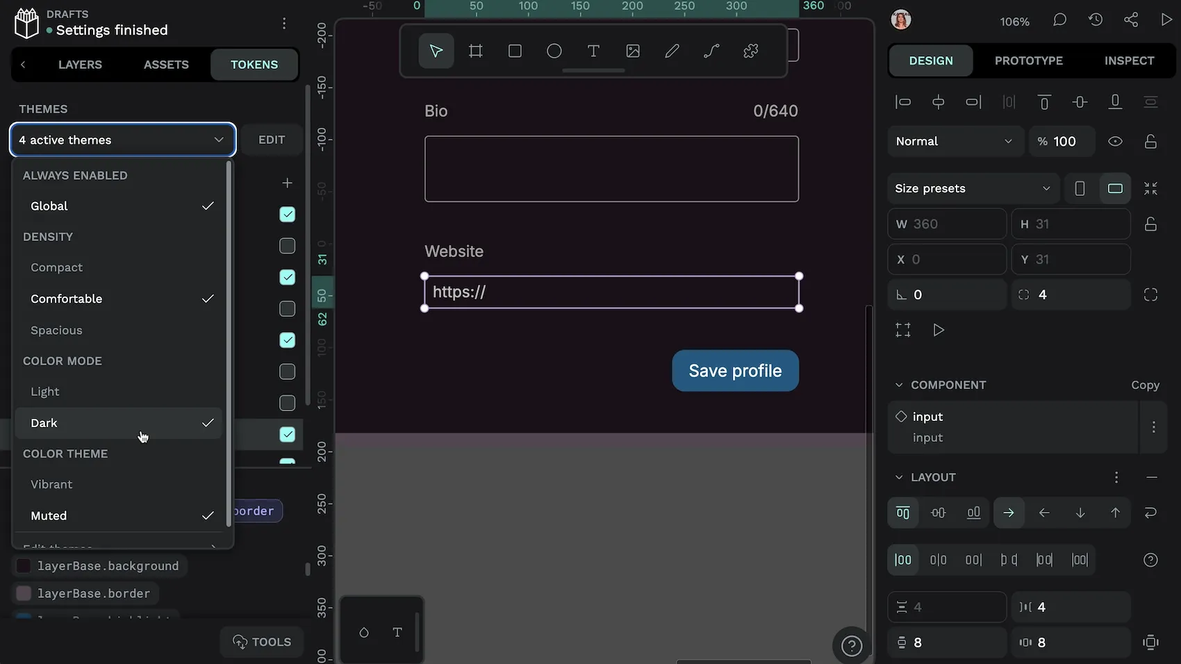 The Penpot design tokens Themes menu with a dropdown for different modes including light and dark themes.