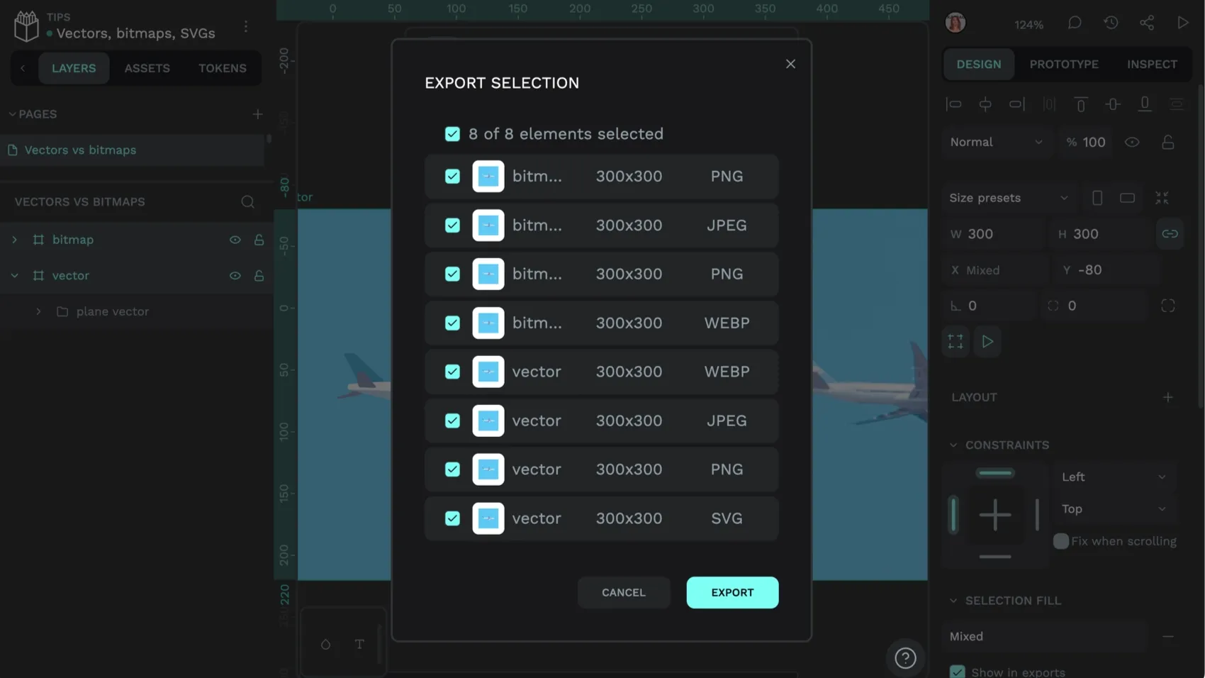 A modal showing exporting a selection of files from Penpot, with multiple boards in PNG, JPEG, WebP and SVG formats.