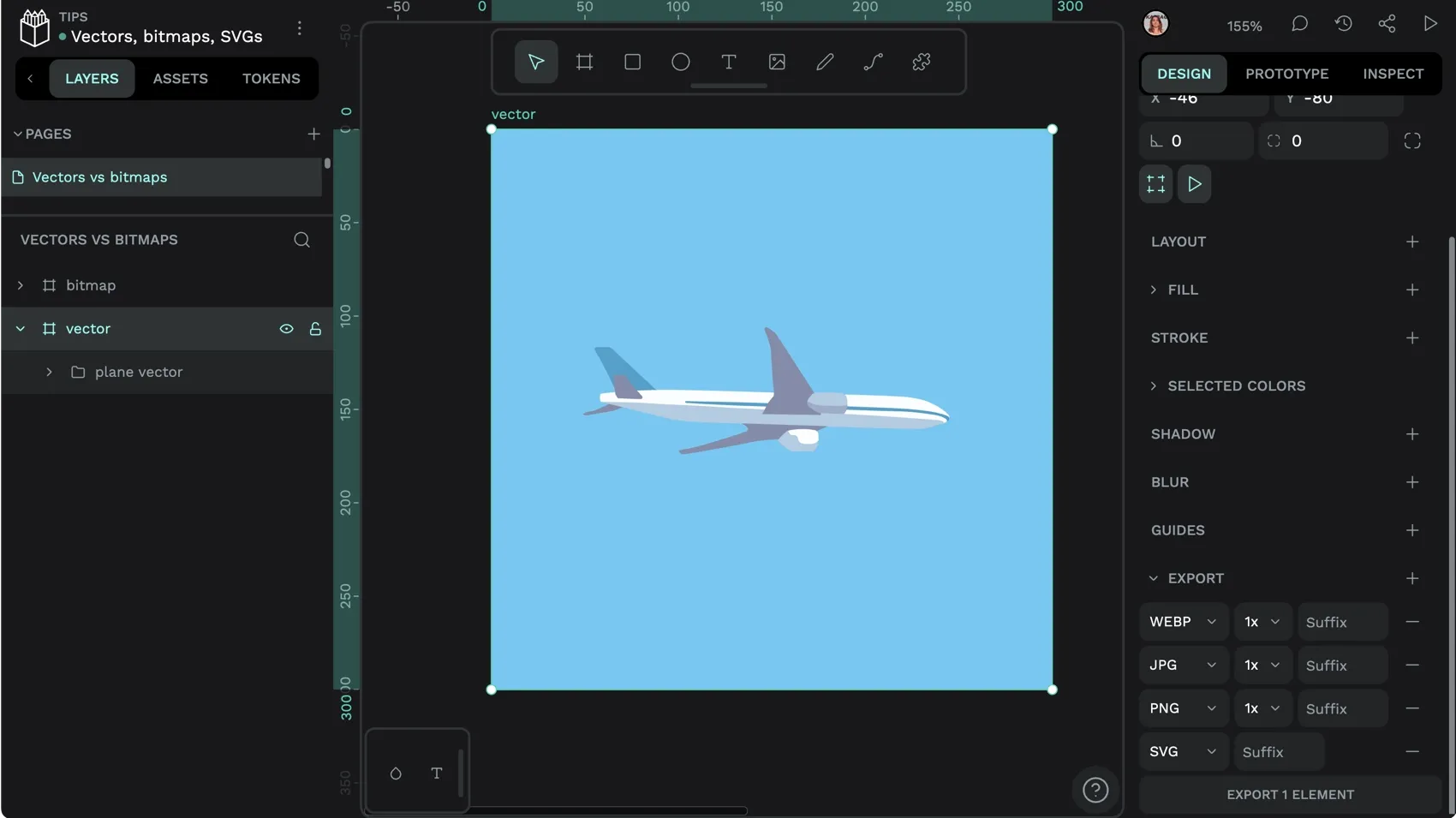Exporting a plane vector image as WebP, JPG, PNG, and SVG formats from Penpot.