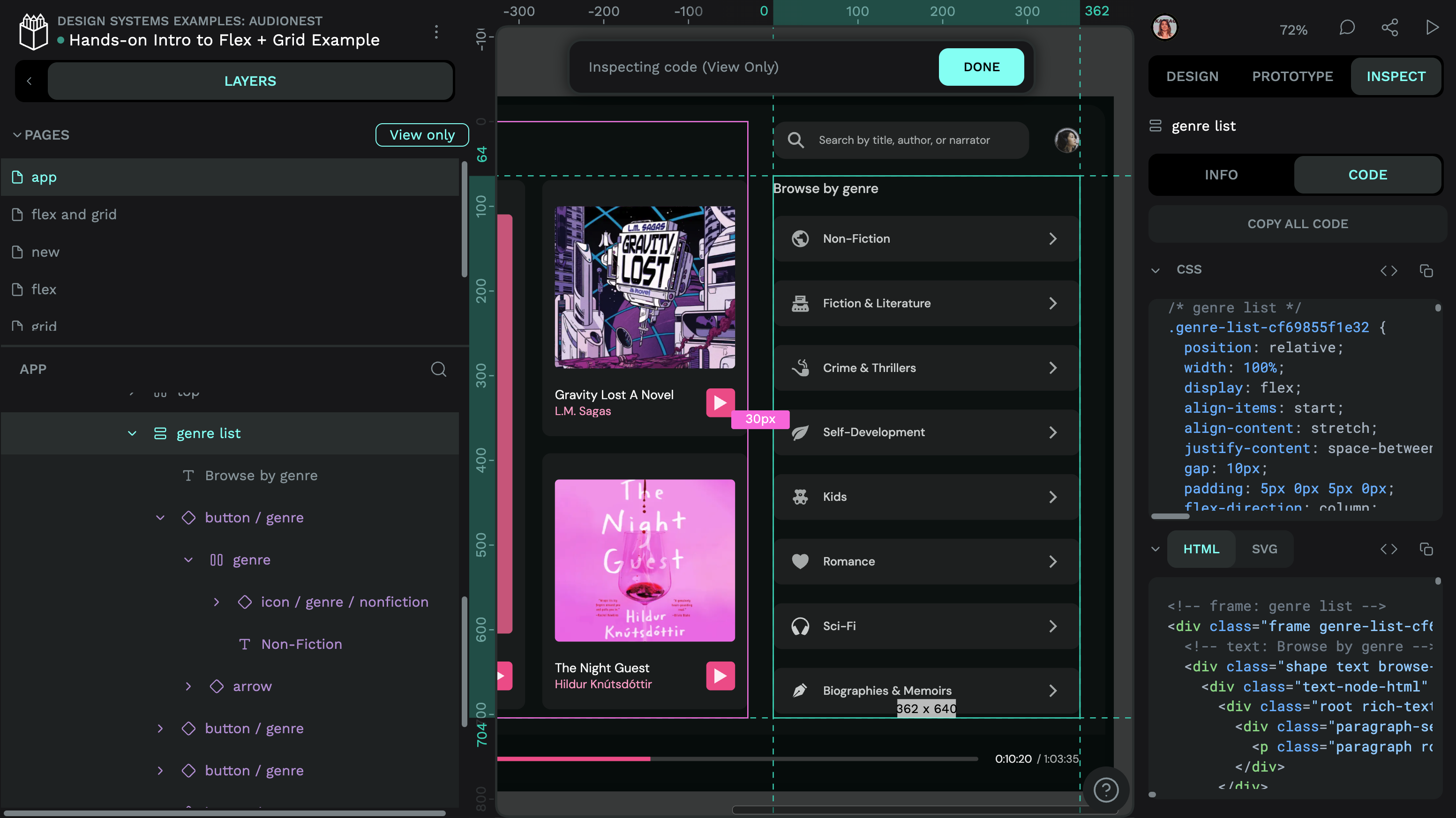A genre list design in Penpot along with its CSS and HTML in the Code panel.