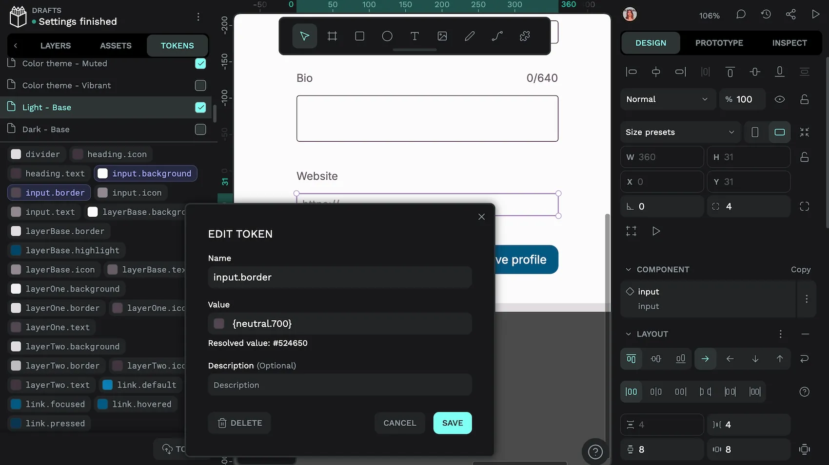 Editing a design token in Penpot showing a token named input-dot-border with a value of {neutral-dot-700}.