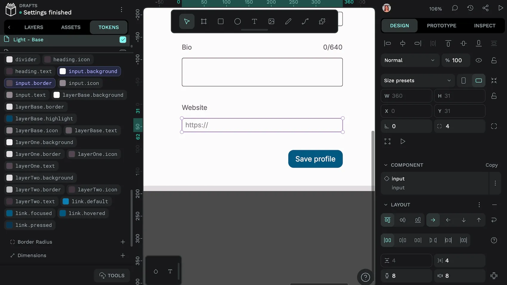 An input box is selected in Penpot and multiple design tokens are highlighted as being in use.