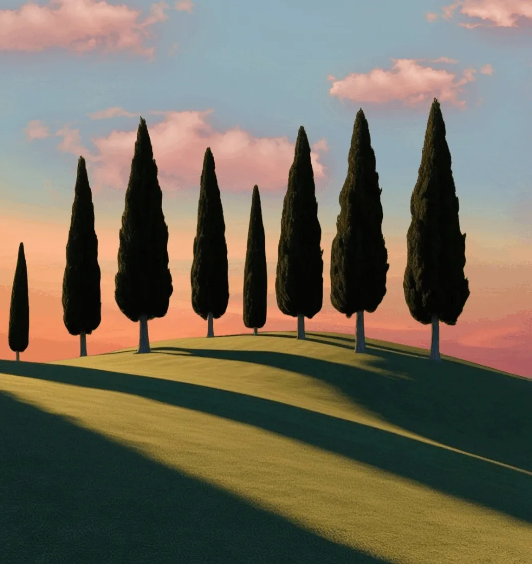 The same landscape of trees against a sunrise with a similar detail to the JPG version.