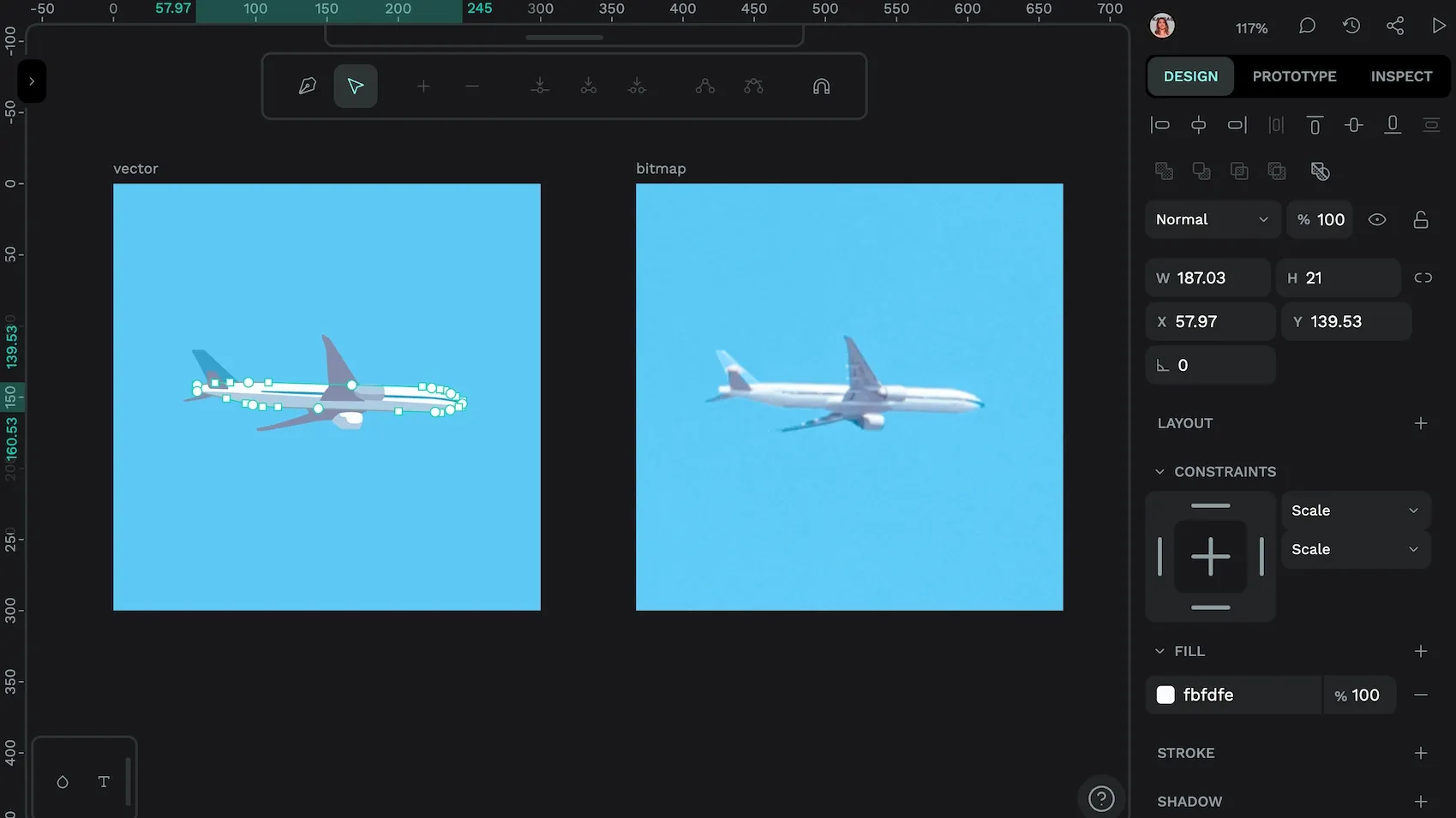 The same plane image in Penpot, on the left rendered as a vector, on the right as a bitmap photo.