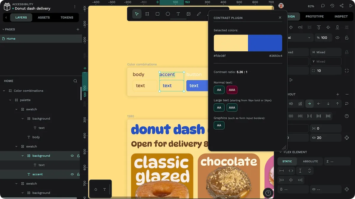 Checking the color ratio between accent text and its background using the Contrast checker plugin.