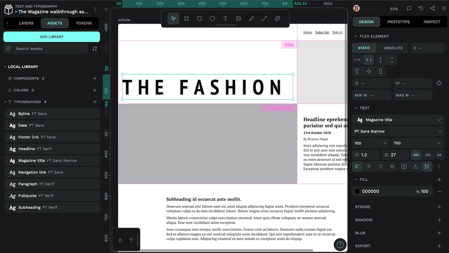 A list of typographies for a magazine page design, while the design panel shows the font styles for the magazine title.