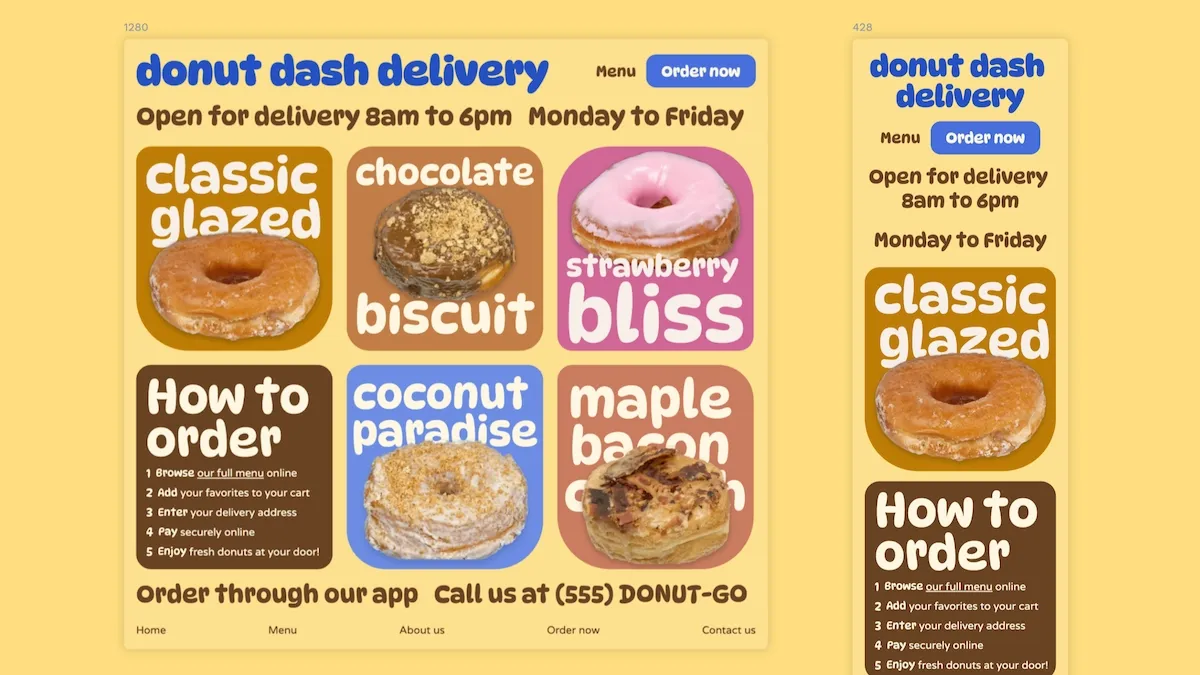 The same design for a donut dash delivery homepage on a desktop width and mobile width.