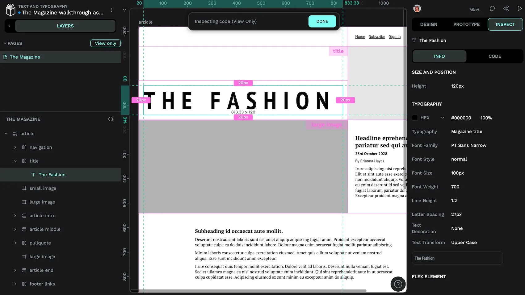 Selecting a magazine title on the canvas shows the CSS properties in the Inspect panel.