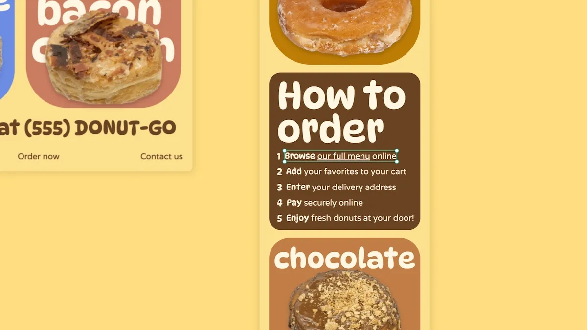 A list item that says Browse our full menu online with the our full menu text underlined as a link.