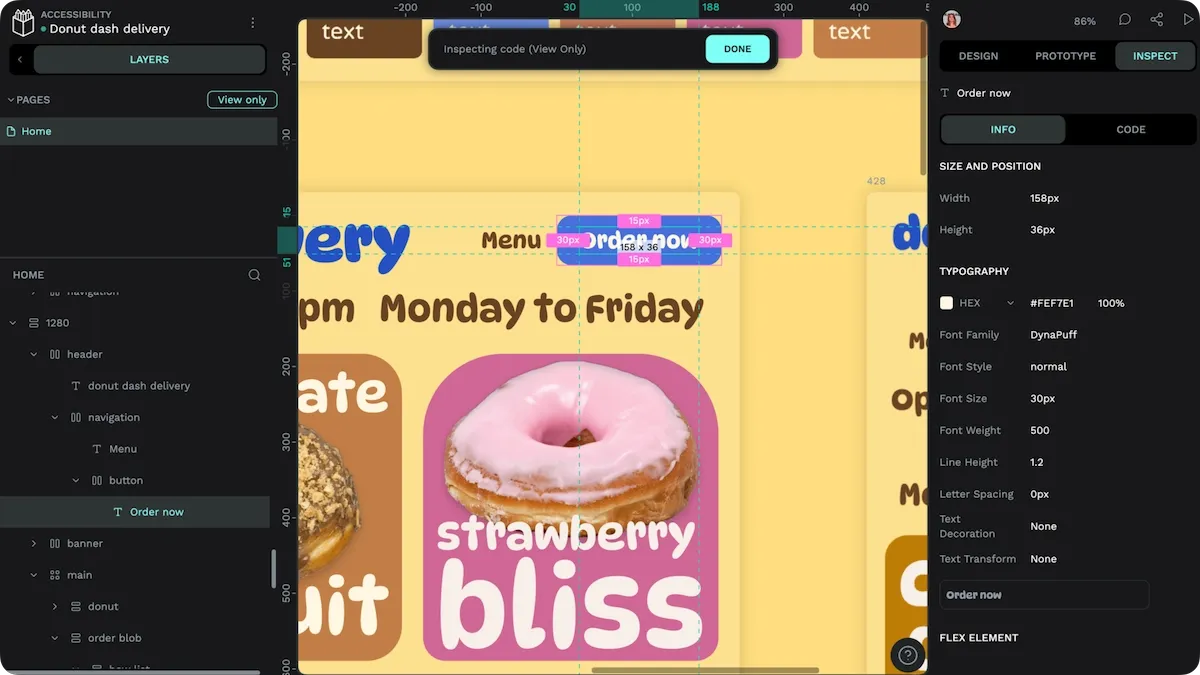 Selecting the Order now text of a button in Penpot’s Inspect mode shows a width of 158px and a height of 36px.