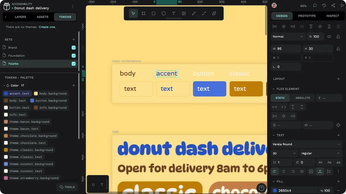 Accent text selected in Penpot showing an accent text color design token applied. There are multiple pairs of tokens for background and text colors.