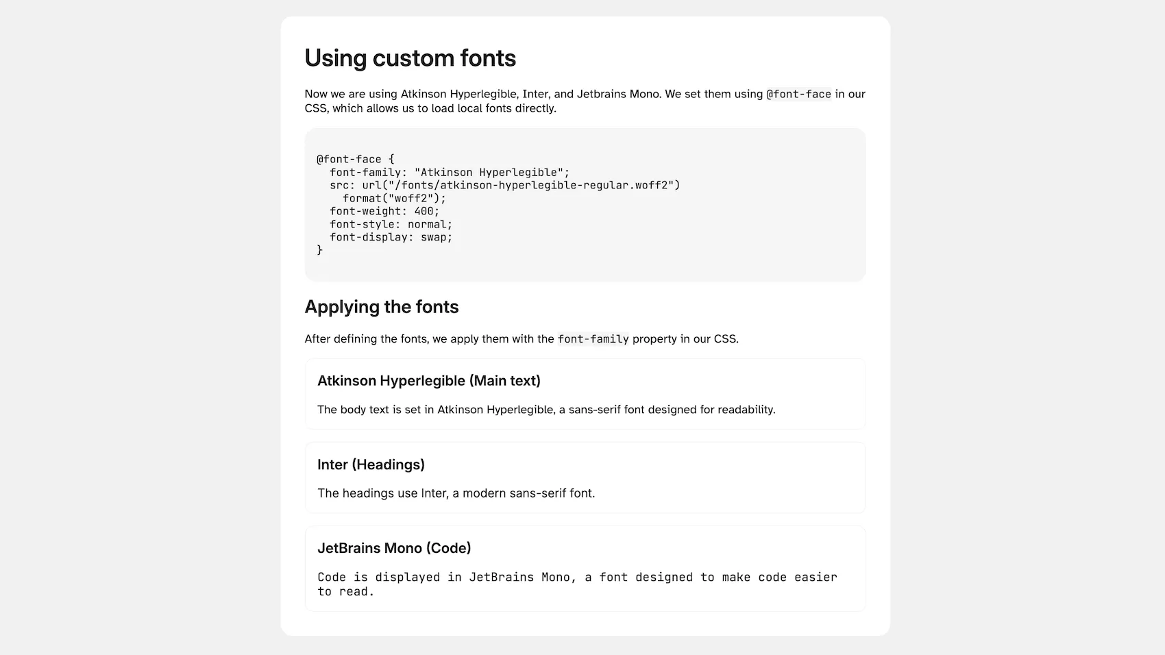A basic web page using Inter for the headings, Atkinson Hyperlegible for the body text, and JetBrains Mono for the code.