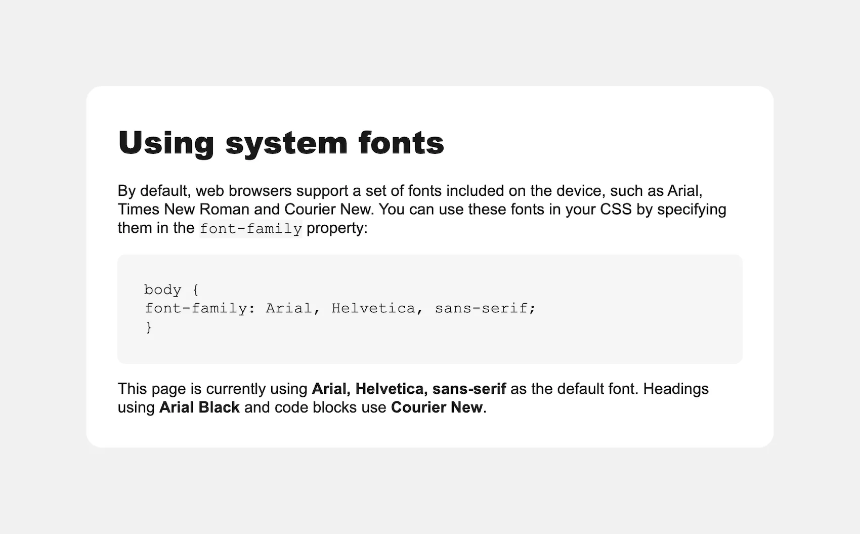 A basic web page using Arial Black for the headings, Arial for the body text, and Courier New for the code.