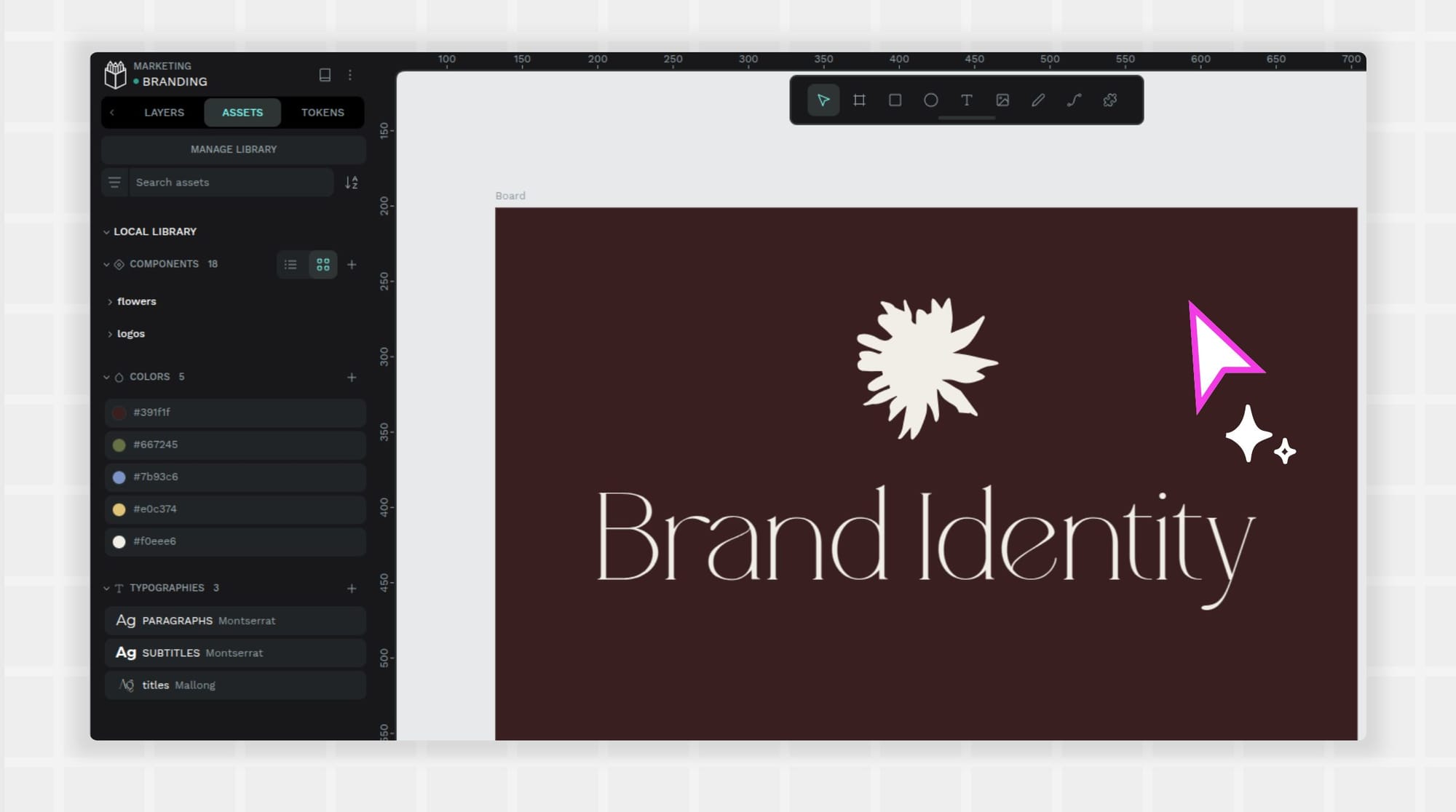 Penpot board with brand identity wrapped up in the assets section