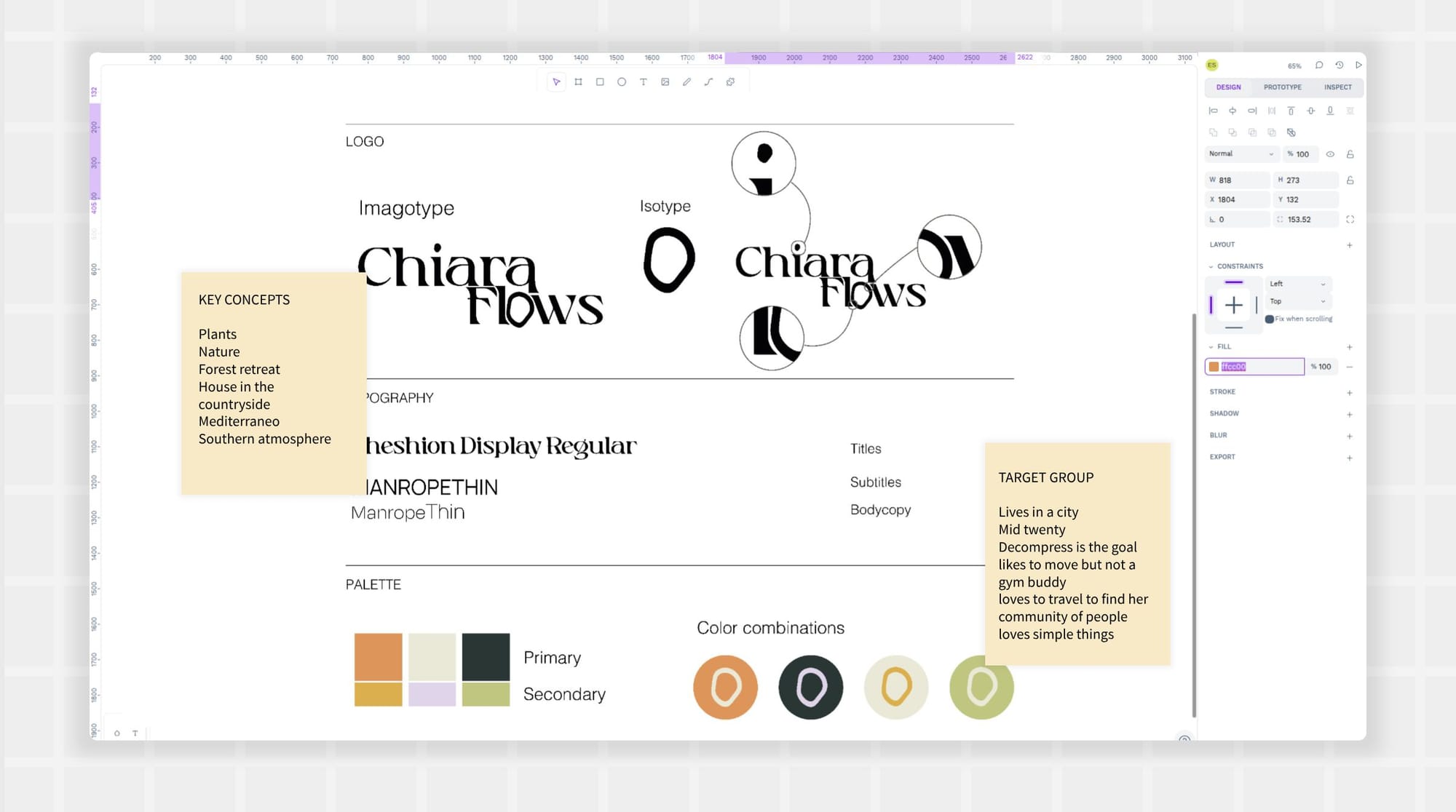 Penpot board with the work in process of a brand identity