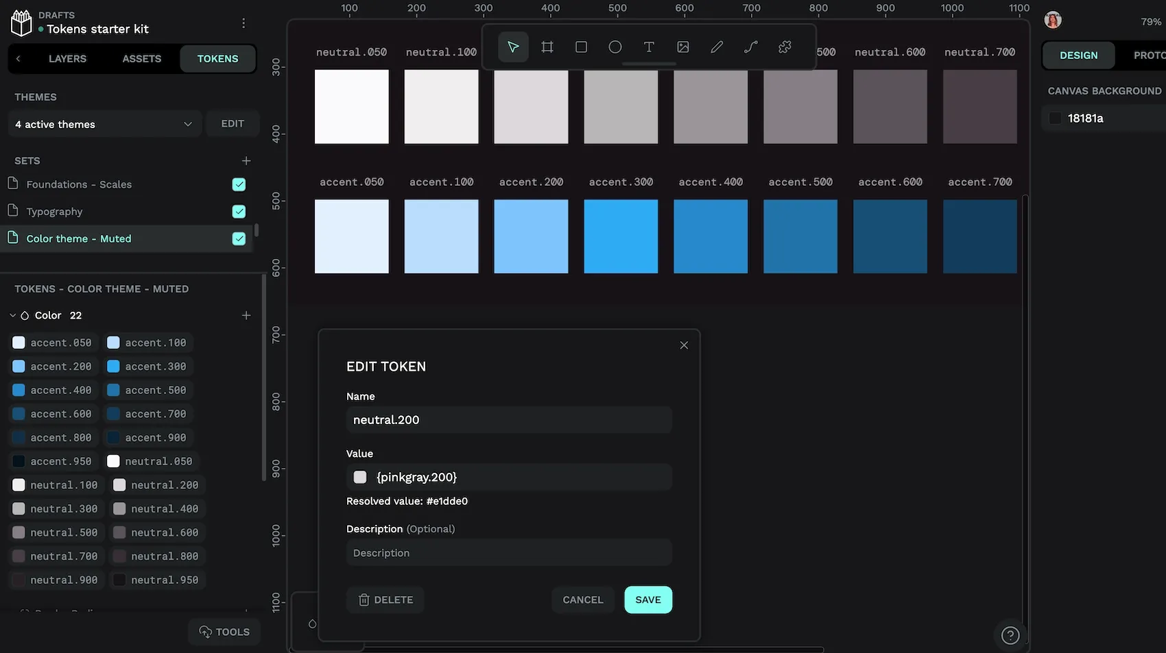 Editing a neutral-dot-200 color design token which has the value pinkGray-dot-200.