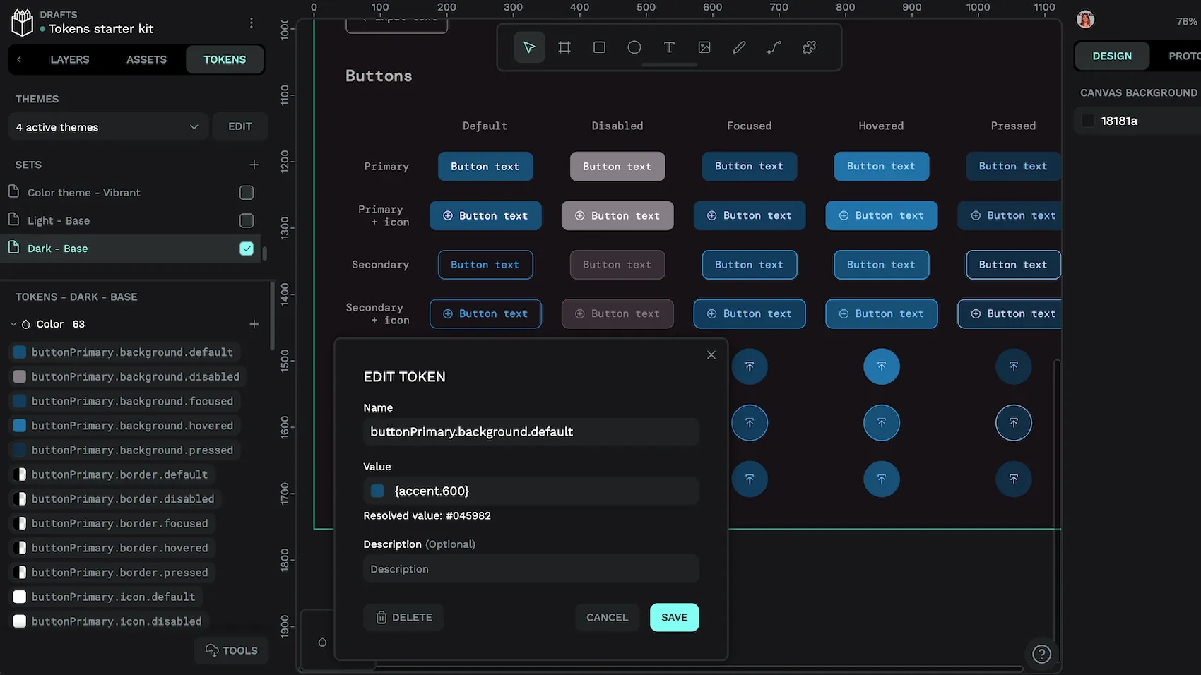 Editing a buttonPrimary-dot-background-dot-default token in Penpot where its value is referencing an accent-dot-600 token.