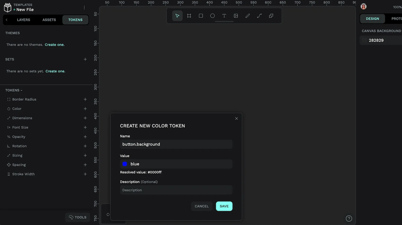 Creating a new color token in Penpot called button-dot-background with a value of blue.